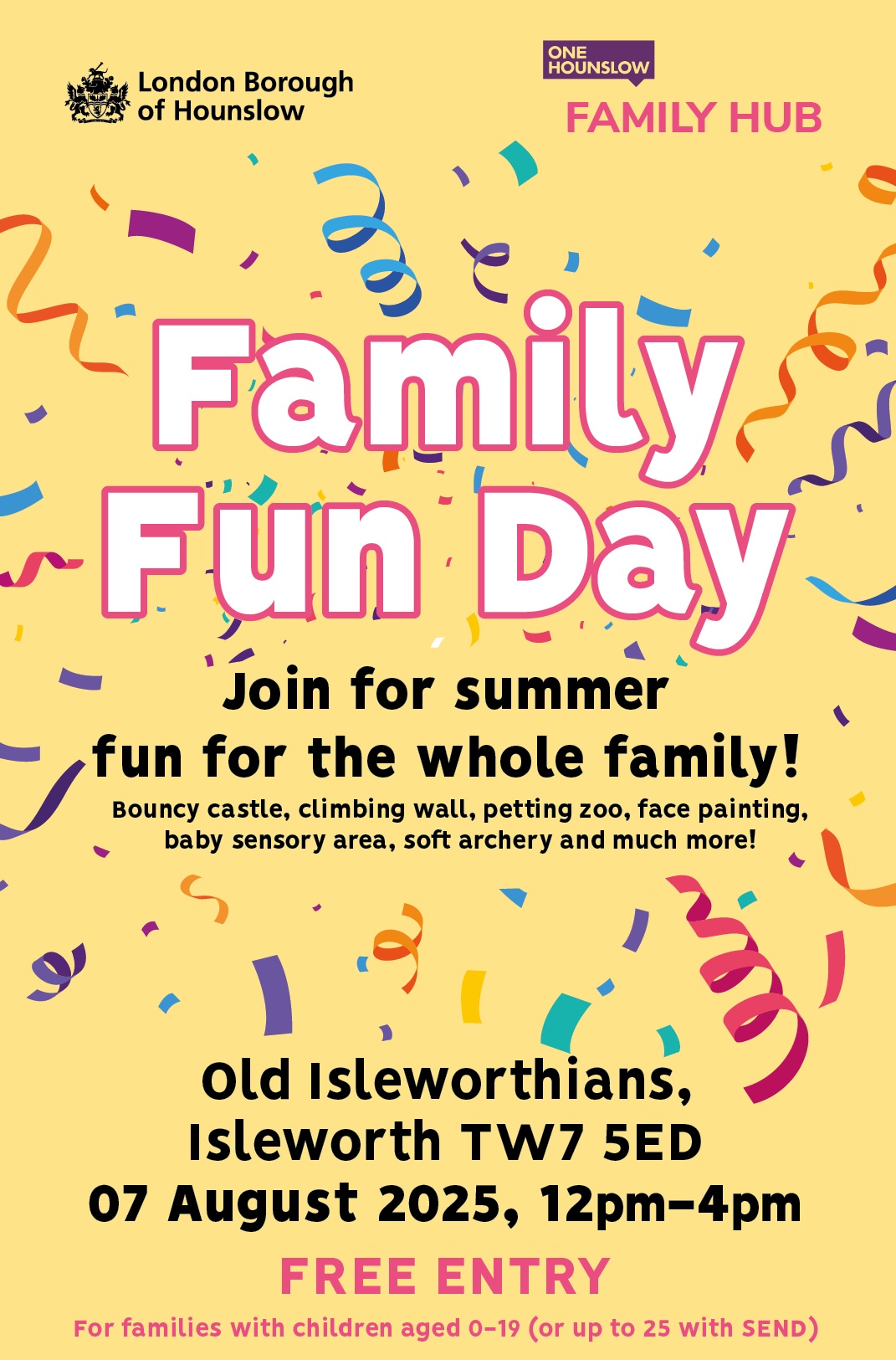 Thursday 7 August, 12 to 4pm. Free Summer Fun for the whole family at Old Isleworthians, Isleworth, TW7 5ED