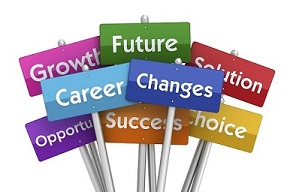 signposts saying Growth Future Solution Career Changes Opportunities Success Choice