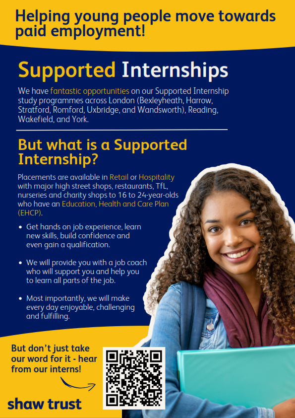 Shaw Trust supported internship flyer with scannable QR code