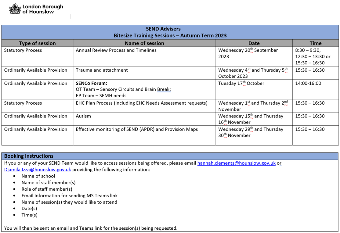 An image with the details of the SEND Advisors Training for the autumn term.