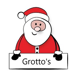 Santa holding sign with grotto