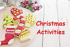 Christmas Activities link image is iced Christmas cookies on plate