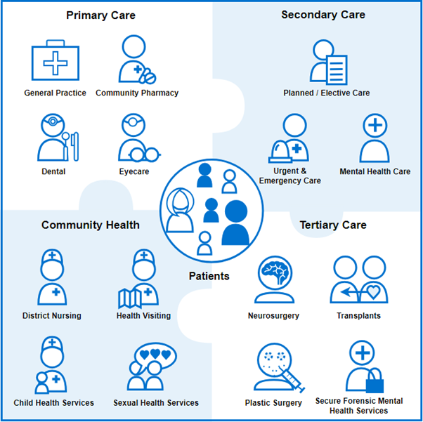 A visual image showing the four areas of the NHS Ecosystem, taken directly from the NHS website